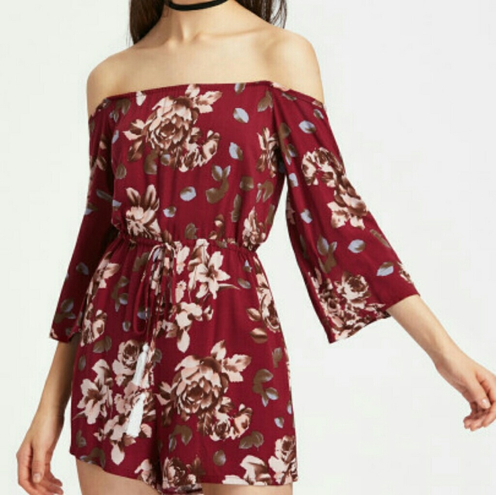 Burgundy Floral Off Shoulder Tassel Tie Romper